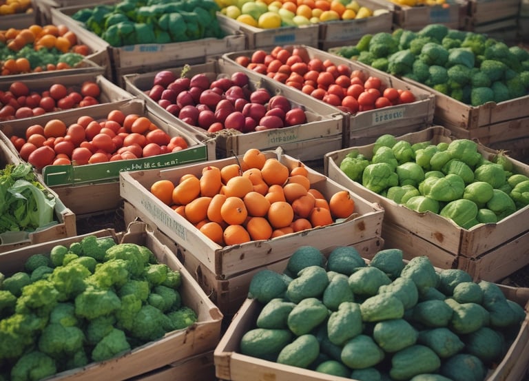 A vibrant basket overflowing with freshly picked colorful fruits and vegetables on a rustic wooden table.
