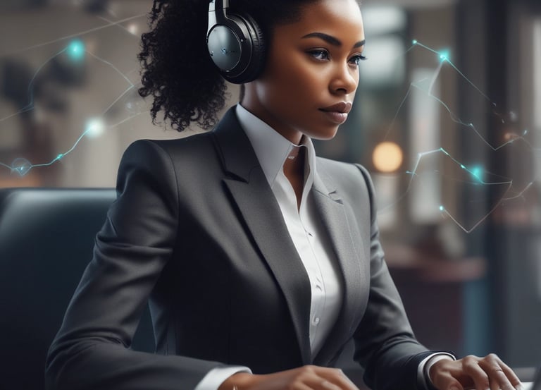 A team collaborating over digital devices with AI and government icons floating around.