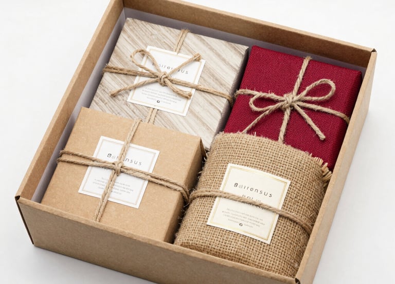 A beautifully arranged gift box featuring handcrafted artisan products with natural textures and vib