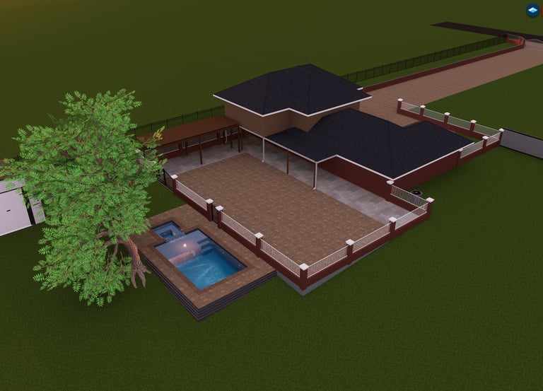 A 3D landscape design rendering featuring a custom pool, patio, and modern backyard layout.