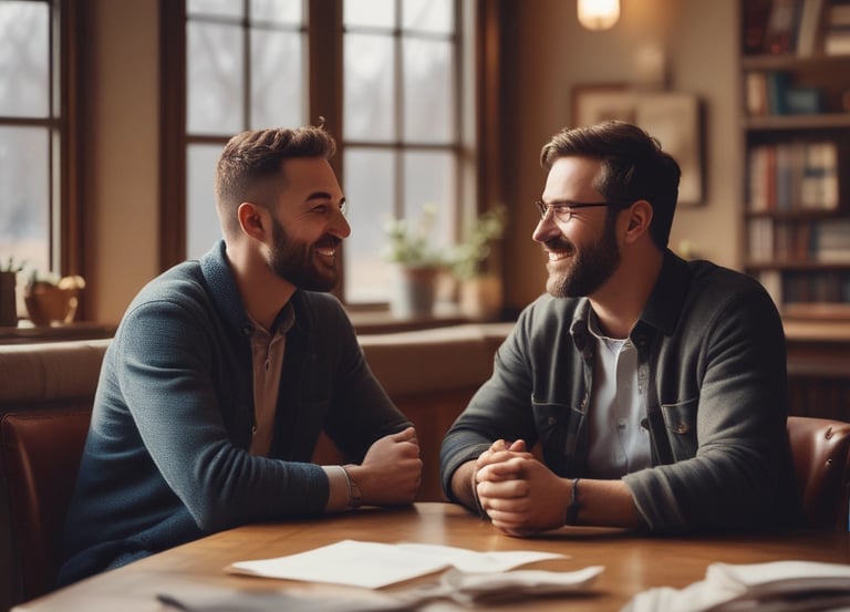 A warm, inviting scene of two people having a heartfelt conversation