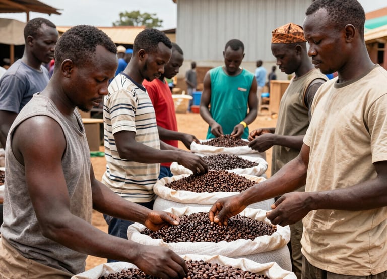 A vibrant market scene showing sacks of fresh Ugandan Robusta coffee beans ready for export.