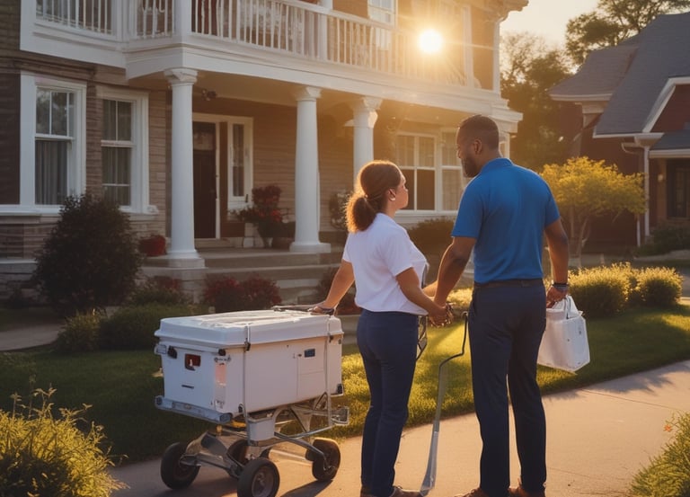 Delivery driver handing off medical equipment at a patient's home during sunset.