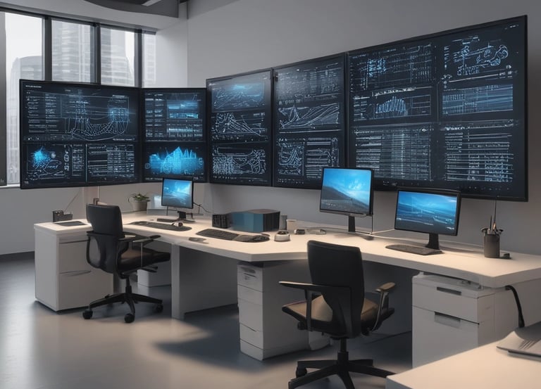 A sleek workspace with multiple monitors displaying code and network diagrams.