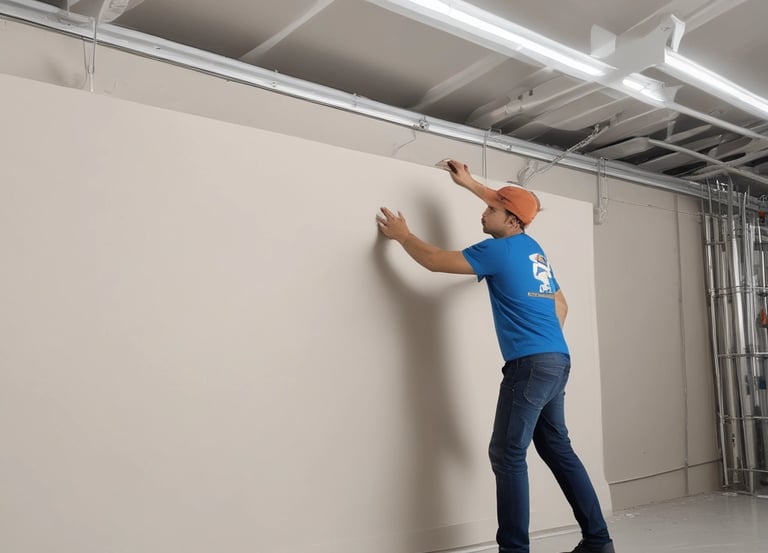 Construction workers installing drywall inside a modern home.
