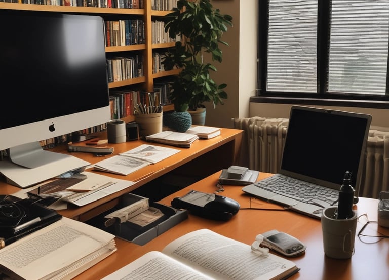 A cozy desk with Italian literature books, a laptop showing a YouTube channel, and a cup of coffee.