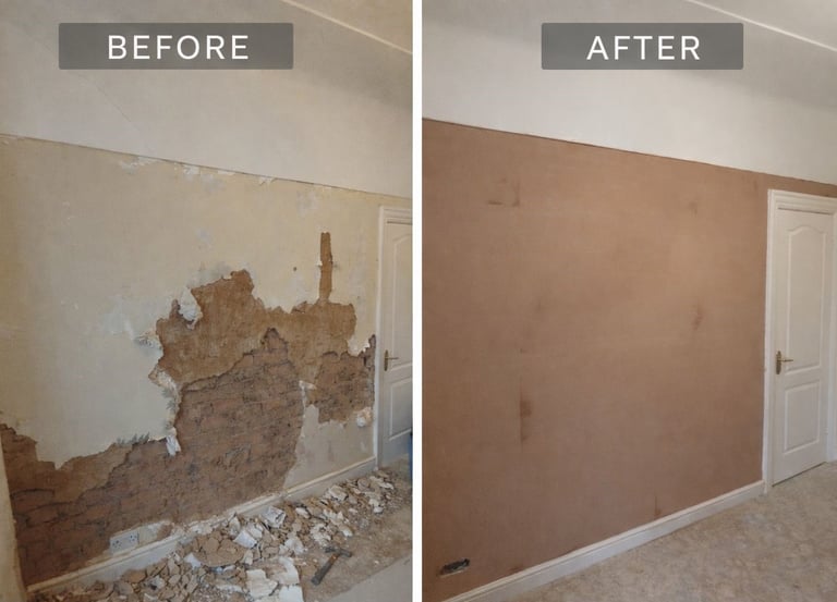 Before and after plastering of living room walls in Wirra