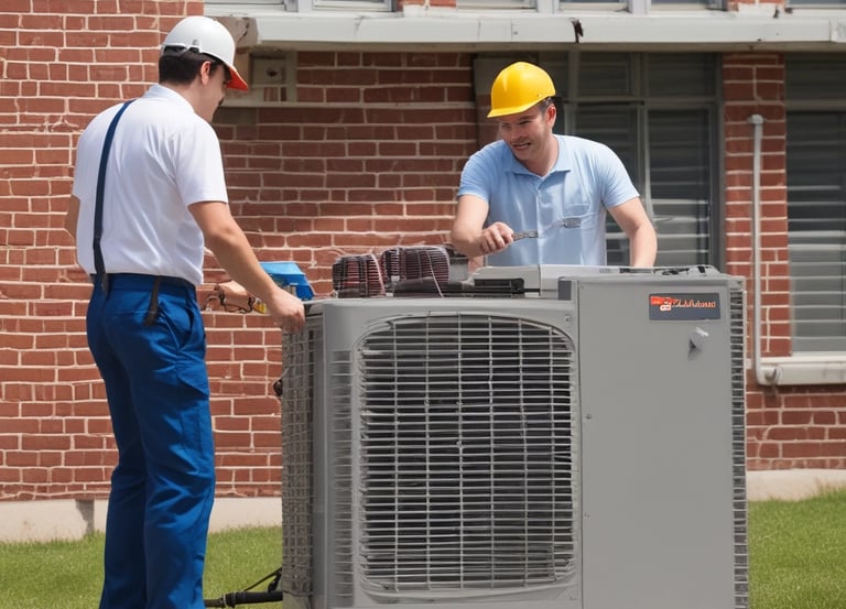 Technician installing an air conditioner in a modern home setting.