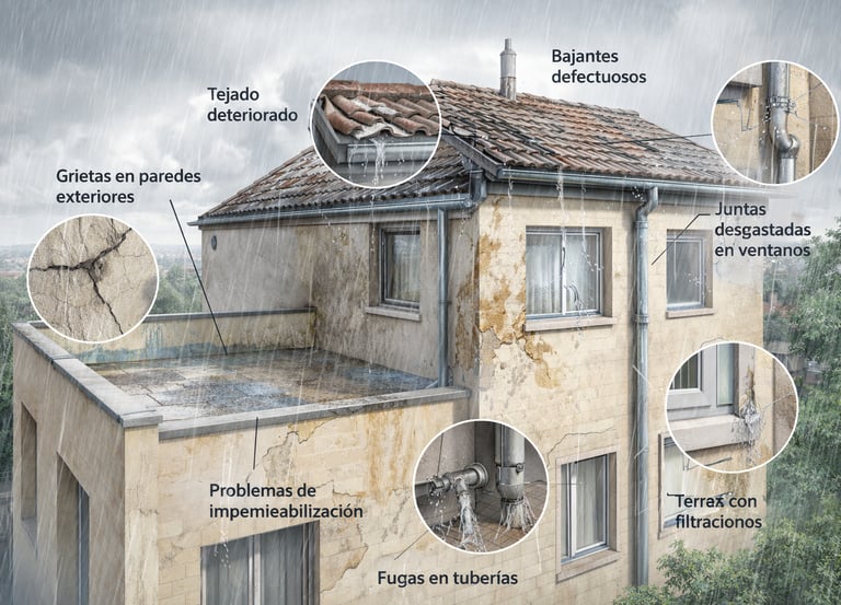 Causas de la humedad por filtración en edificio con grietas, terraza y tuberías