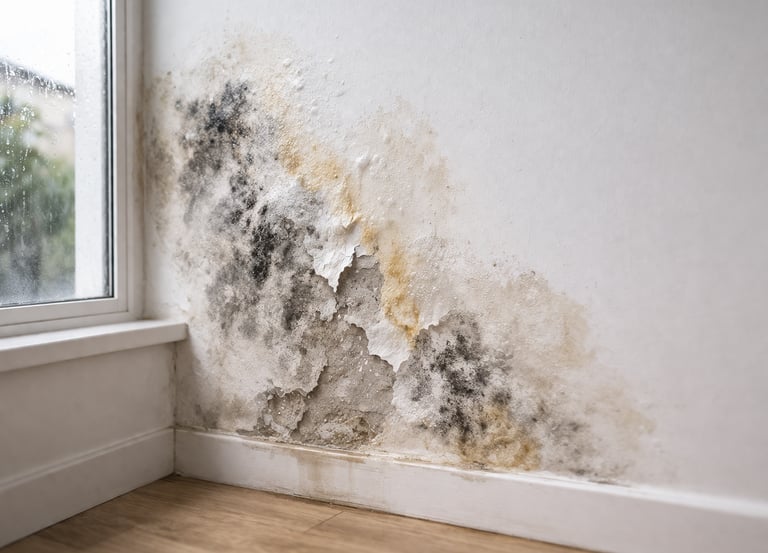 Síntomas de humedad por filtración con moho, manchas y pared deteriorada junto a ventana