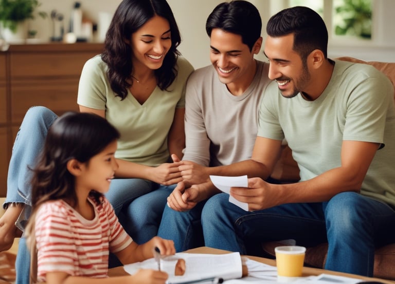 A caring advisor discussing health insurance options with a family in a bright office.