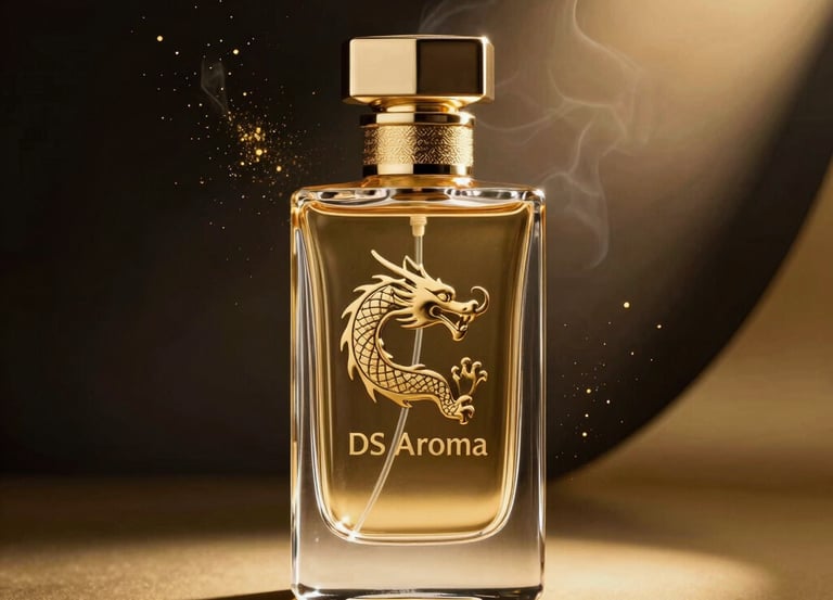 A sleek, dark-themed 3D floating perfume bottle glowing softly with gold accents.