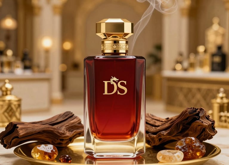 A sleek 3D perfume bottle floating gracefully against a dark background with gold accents.