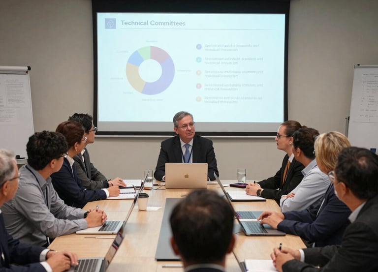 A professional meeting of diverse technical experts discussing standards around a conference table.