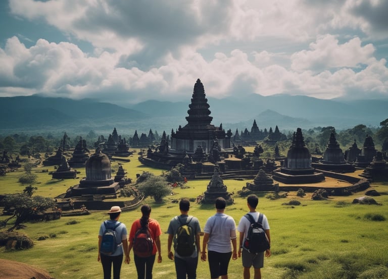 A friendly tour guide showing a group of happy travelers exploring a lush green forest.