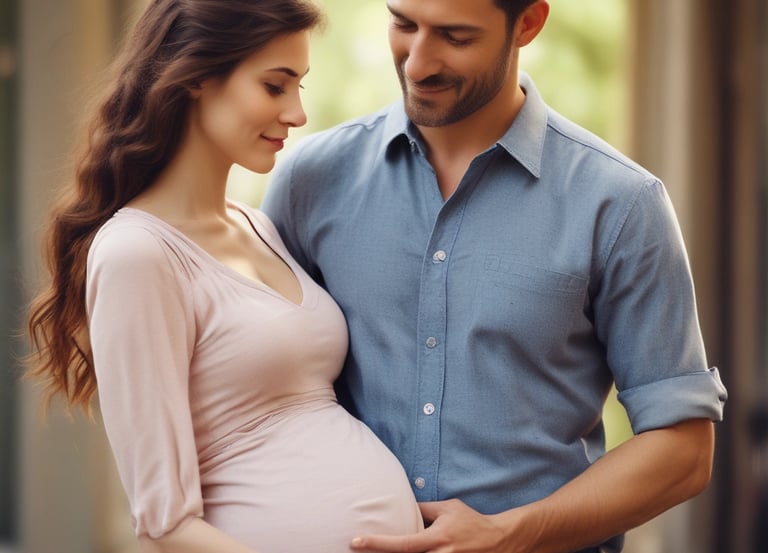 A father gently holding his partner's belly during pregnancy, radiating warmth and care.