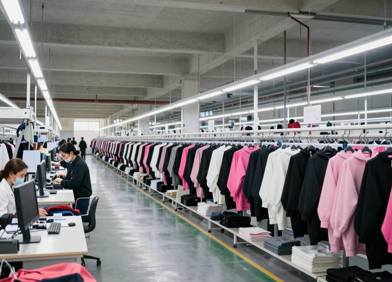 A bustling textile factory in Turkey with skilled workers handling vibrant fabrics.