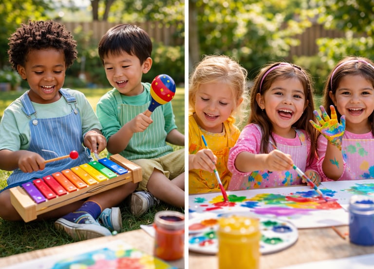 Niños jugando al aire libre en un ambiente soleado y agradable, explorando la música con instrumento