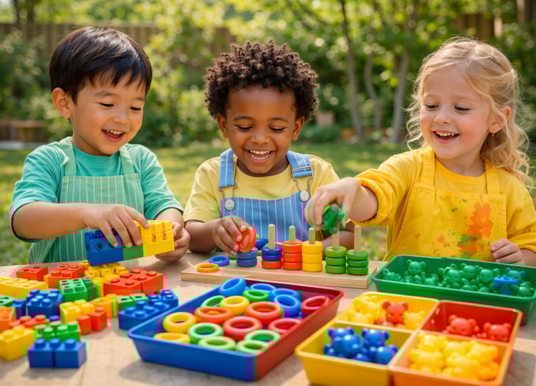 Tres niños pequeños juegan al aire libre con bloques de ensamblar y materiales de clasificación por