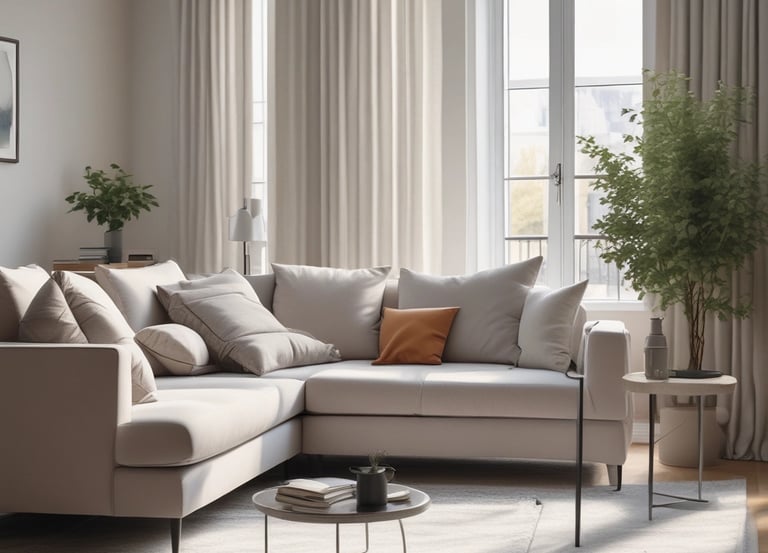 A professional technician cleaning a sofa in a cozy living room.
