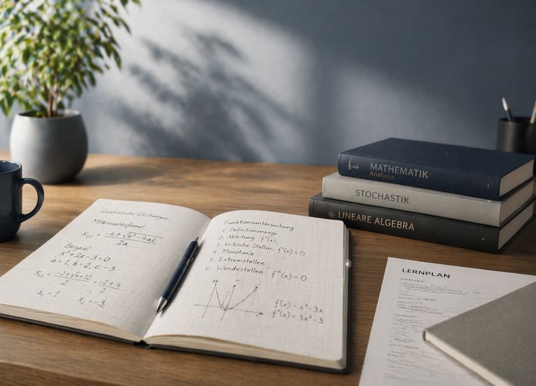 Mathematik-Lernmaterialien auf Schreibtisch mit Formeln für Online-Nachhilfe