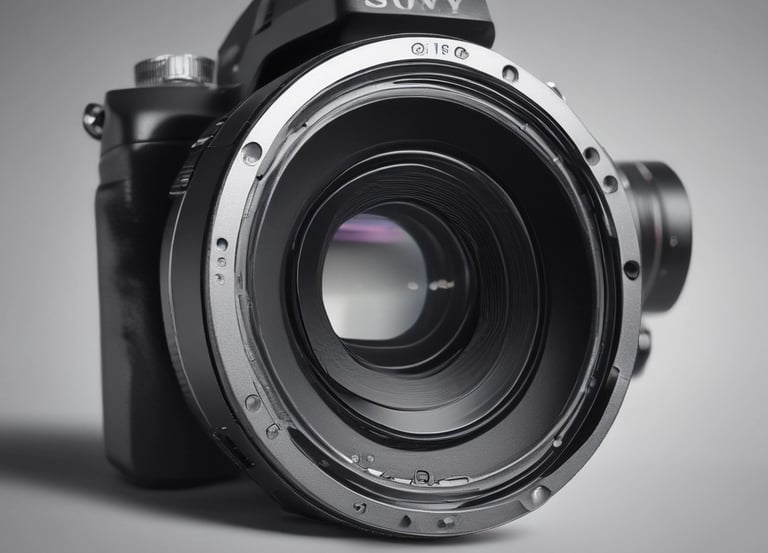 A sleek modern video camera setup with red and white accents on a minimalist white background.