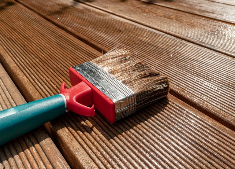 Paint brush on wooden deck for exterior painting