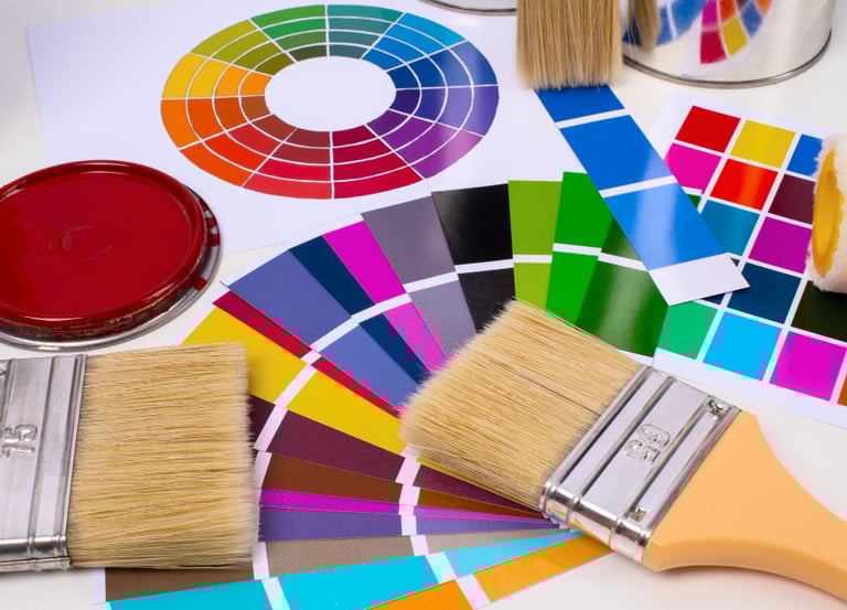 Paint colour samples and brushes