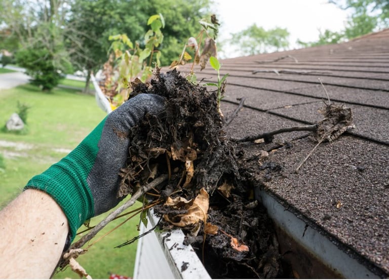 Cleaning blocked gutter as part of exterior maintenance