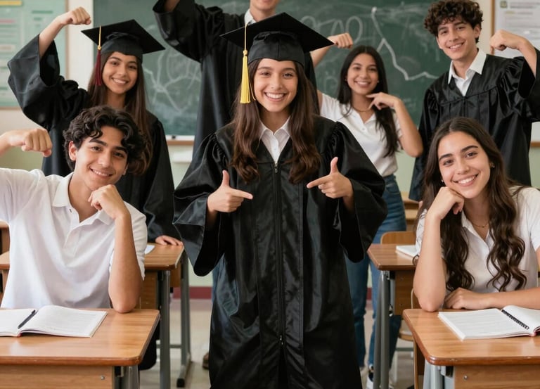 A joyful group of students posing together in a colorful photo booth with props.