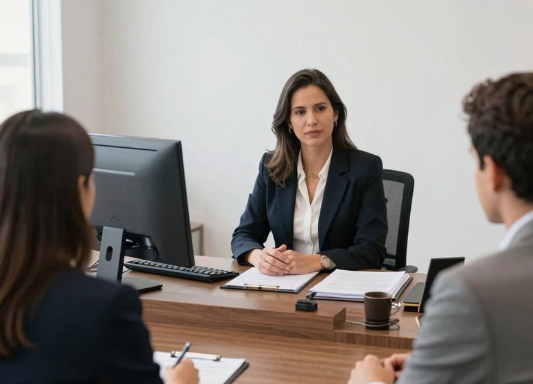 Professional lawyer consulting with clients about legal documents in an office setting.