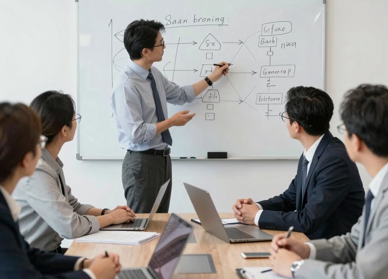 A collaborative workshop scene with diverse professionals brainstorming around a table.
