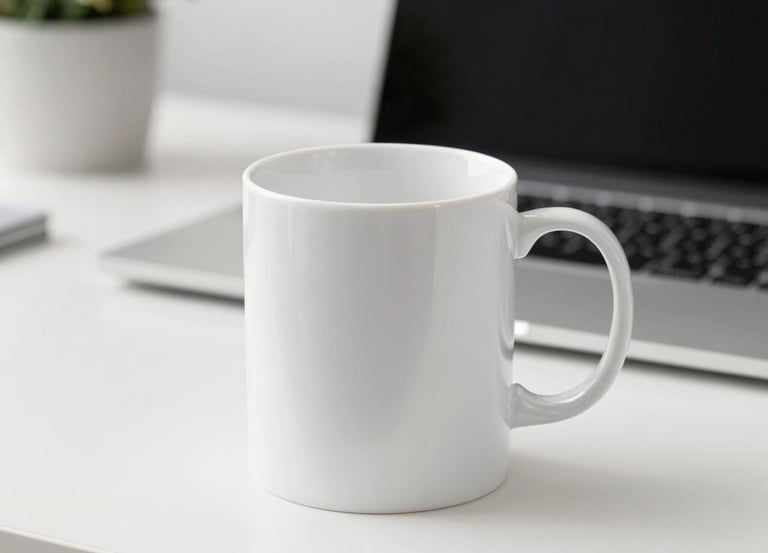 Close-up of a sleek beige ceramic mug with a delicate golden print, placed on a natural wood surface.