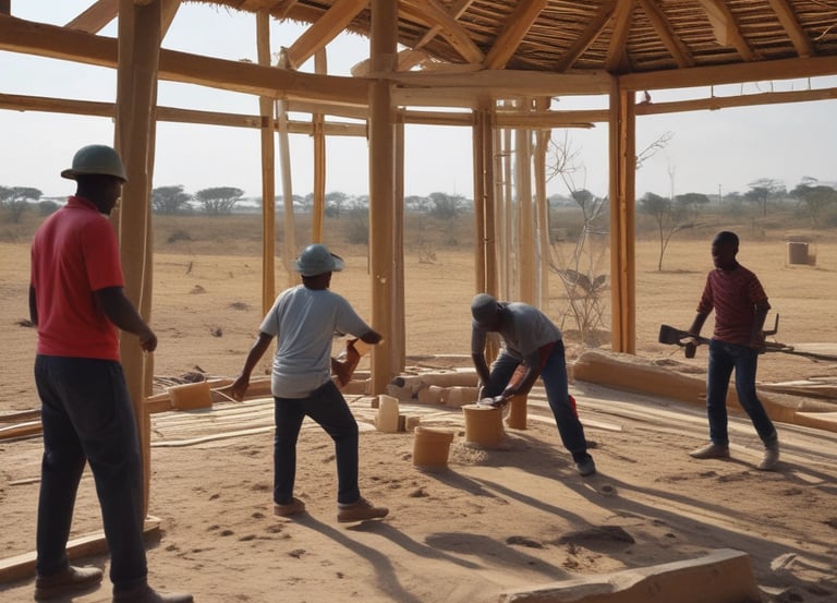 A group of diverse builders and community members planning a neighborhood project outdoors.