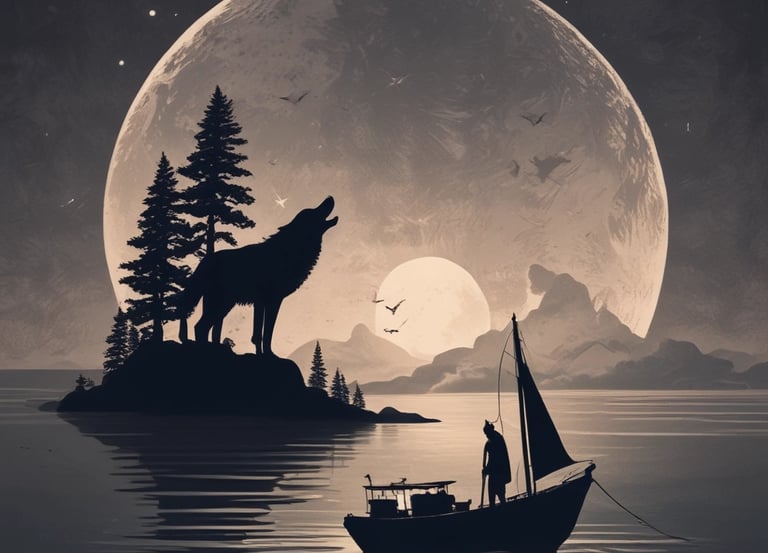 A lone gray wolf howling at a large full moon in a snowy mountain landscape illustration.
