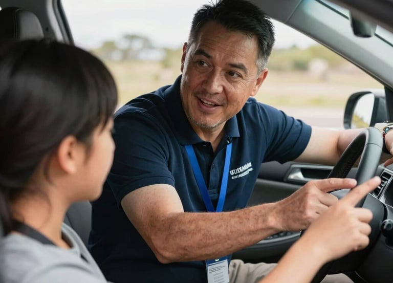 A friendly driving instructor guiding a student in a dual-control car on a sunny day.