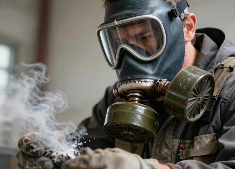 A sleek industrial face mask resting on a dark surface with subtle lighting highlighting its contours.