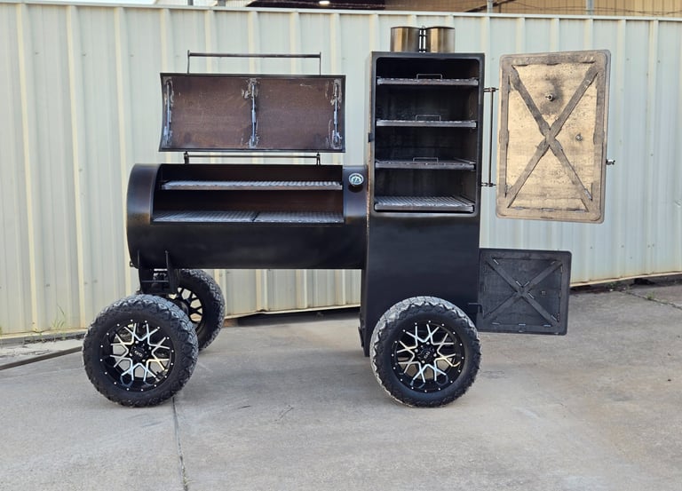 large bbq smoker with cabinet doors open