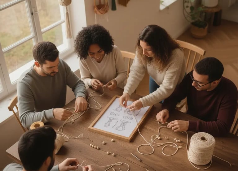 Grupo diverso de personas asisten a un taller de macramé, aprendiendo técnicas de anudado 