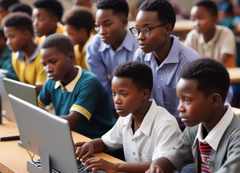 Young adults attentively learning computer skills in a bright classroom setting in Ghana.