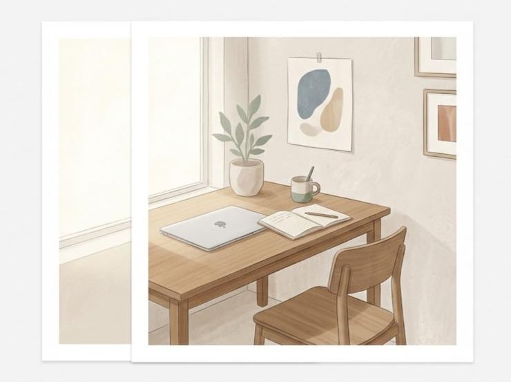 Minimal illustration of a calm writing workspace with desk, laptop, and notebook