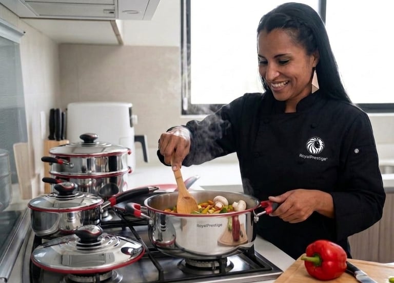 A smiling chef cooking fresh vegetables in Royal Prestige stainless steel cookware on a stove.