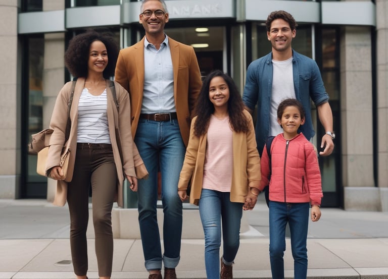 A welcoming scene of a diverse group of newcomers discussing finances with a friendly advisor.