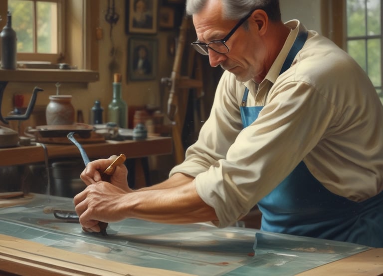 A skilled craftsman fitting a custom glass window in a modern home.