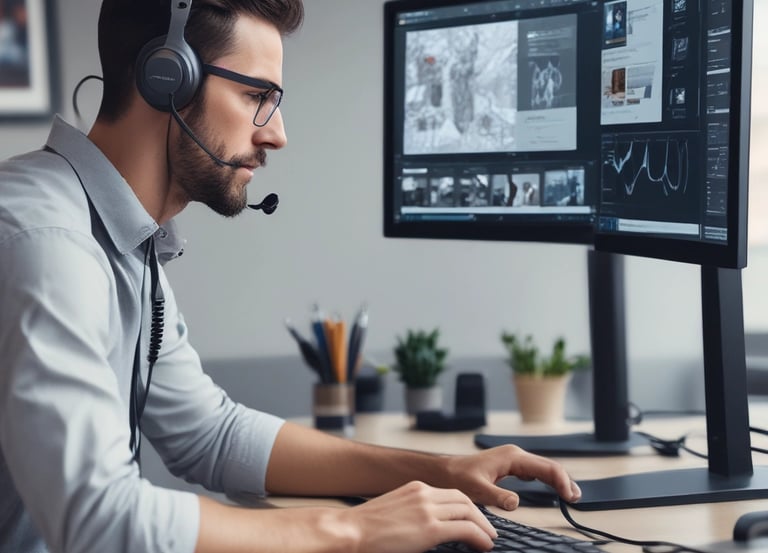 A friendly IT technician assisting a small business owner with a laptop in a cozy office.