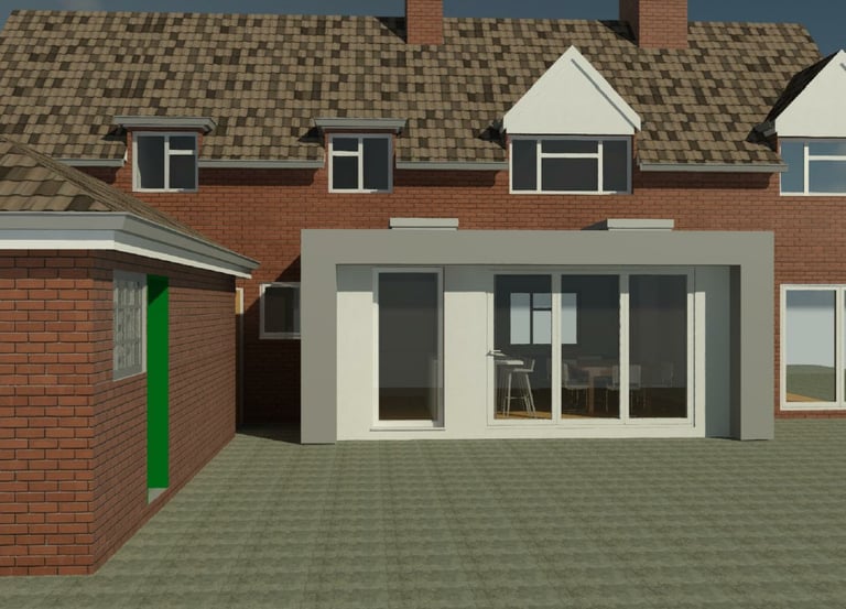 3D digital image of single story rear extension for terrace house