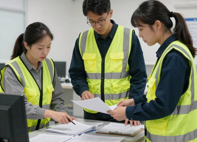 A professional team collaborating in a modern office with safety and technology elements.