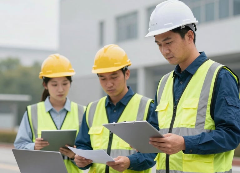 A professional team collaborating in a modern office with safety and technology elements.