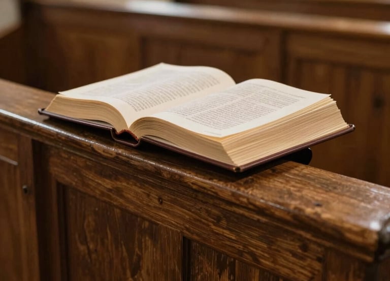 An open Holy Bible rests on a wooden church pew in a traditional sanctuary.