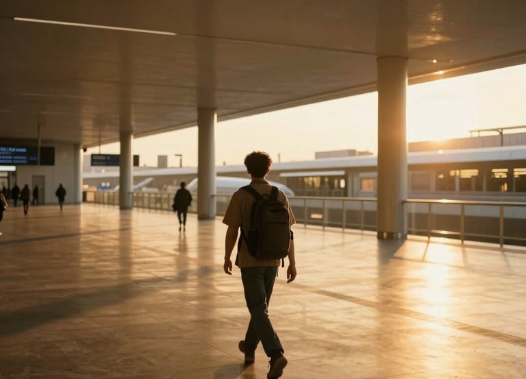Wide environmental shot of a traveler walking through a beautifully lit, modern architectural terminal, warm golden-hour light casting long shadows, cinematic composition, 35mm lens.